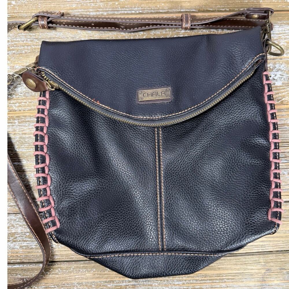 Chala Crossbody Bag Black Vegan Leather Flap Top Messenger Boho Medium‎